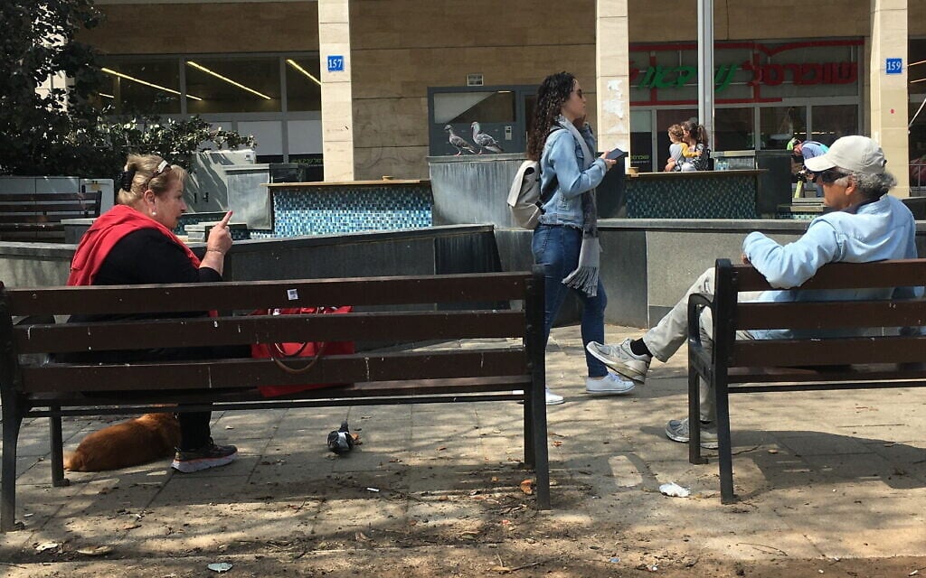 Amid fears of coronavirus, senior citizens in Tel Aviv sit two meters apart on March 15, 2020. (Simona Weinglass/Times of Israel) Amid fears of coronavirus, senior citizens in Tel Aviv sit two meters apart on March 15, 2020. (Simona Weinglass/Times of Israel)