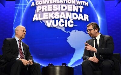 Serbian President Aleksandar Vučić, right, speaking at the annual conference of the American Israel Public Affairs Committee, in Washington, DC, March 2, 2020 (Dimitrije Goll/Presidency of Serbia)