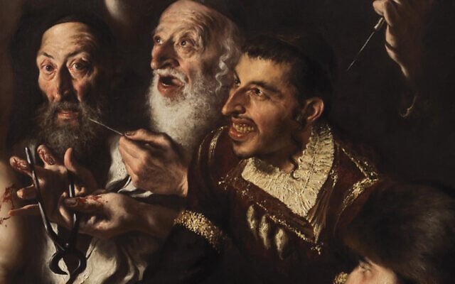 A segment of the painting “The Martyrdom of St. Simon of Trento for Jewish ritual murde.” (Giovanni Gasparro/Facebook via JTA) A segment of the painting “The Martyrdom of St. Simon of Trento for Jewish ritual murde.” (Giovanni Gasparro/Facebook via JTA)