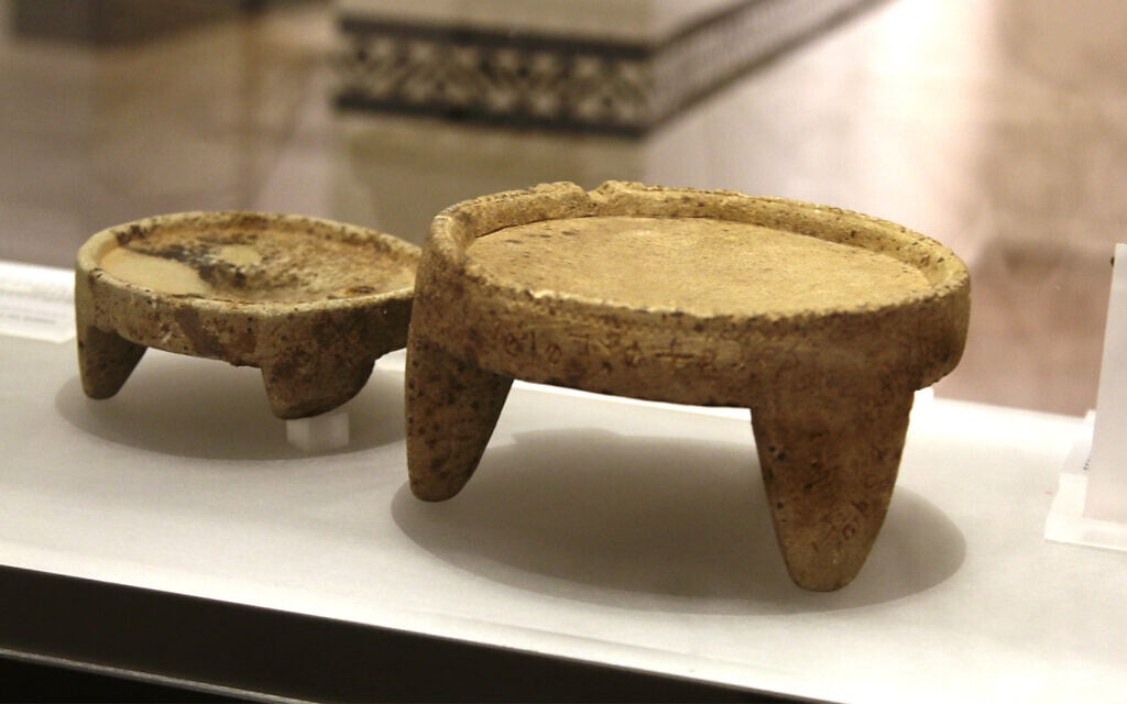 Pottery with dedication to Nabatean deities dating to the 1st-3rd centuries BCE on display at the Bible Lands Museum. (Shmuel Bar-Am)