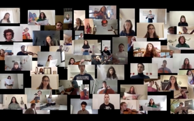 Some of the 100 students from the Thelma Yellin school in Jerusalem, who got to take part in a virtual concert (Courtesy Facebook video screen grab)