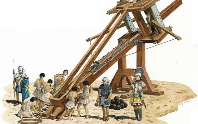 Illustration of a 2,000-year-old ballista machine. (Shalom Kveller, courtesy of the City of David Archives) Illustration of a 2,000-year-old ballista machine. (Shalom Kveller, courtesy of the City of David Archives)