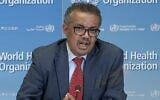 A TV grab taken from a video released by the World Health Organization (WHO) shows WHO Chief Tedros Adhanom Ghebreyesus attending a virtual news briefing on COVID-19 from the WHO headquarters in Geneva on April 6, 2020. (AFP)