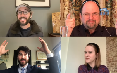 Jason Alexander, upper right, invites non-Jews Josh Groban, upper left, Darren Criss, lower left and Rachel Brosnahan to join in a virtual Seder webcast on YouTube, April 11, 2020. (Screenshot)