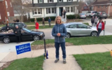 Jill Karofsky celebrates her election to Wisconsin's Supreme Court at a social distance outside her Madison home, April 13, 2020. (Screenshot/ via JTA)