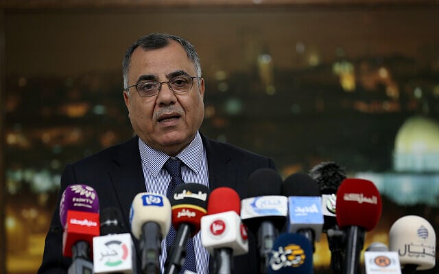 Palestinian Authority government spokesman Ibrahim Milhim speaks at a press conference in Ramallah on April 1, 2020. (Wafa) Palestinian Authority government spokesman Ibrahim Milhim speaks at a press conference in Ramallah on April 1, 2020. (Wafa)
