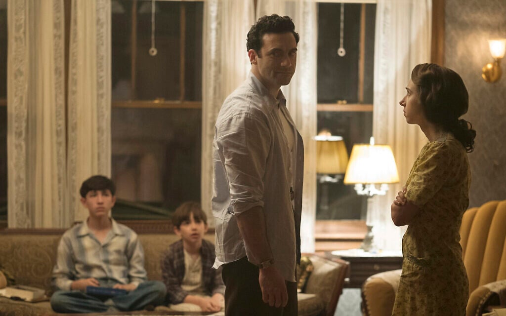 Morgan Spector, center, as Herman Levin, and Zoe Kazan, right, as Bess Levin, in HBO's "The Plot Against America." (Michele K. Short/HBO) Morgan Spector, center, as Herman Levin, and Zoe Kazan, right, as Bess Levin, in HBO's "The Plot Against America." (Michele K. Short/HBO)