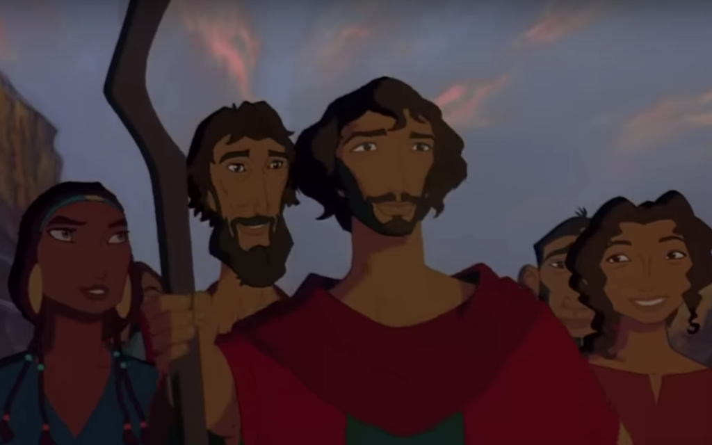 From left: Tzipporah, Aaron, Moses and Miriam, voice by Michelle Pfeiffer, Jeff Goldblum, Val Kilmer and Sandra Bullock, respectively, in 'The Prince of Egypt.' (Screen shot from YouTube/ via JTA) From left: Tzipporah, Aaron, Moses and Miriam, voice by Michelle Pfeiffer, Jeff Goldblum, Val Kilmer and Sandra Bullock, respectively, in 'The Prince of Egypt.' (Screen shot from YouTube/ via JTA)