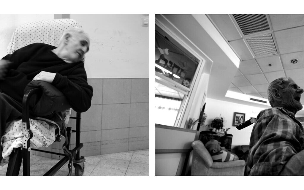 Left, 2020: Efraim Kruzel, 80, sits in his fixed spot.
Right, 2010: Meir Moskovich, then 82, born in Romania, in the hostel’s lobby. He had no family and passed away a few years ago (Courtesy Gili Yaari)