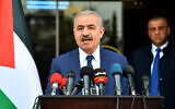 Palestinian Authority Prime Minister Mohammad Shtayyeh speaks to reporters during a press conference on April 13, 2020. (Wafa)