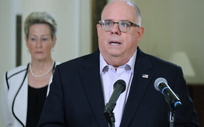 Maryland Gov. Larry Hogan, speaks at a news conference, Friday, April 3, 2020, in Annapolis, Md.  Authorities are searching for the daughter and a grandson of former Maryland Lt. Gov. Kathleen Kennedy Townsend after a canoe they were paddling in the Chesapeake Bay didn’t return to shore. Hogan on Friday identified the missing relatives as Maeve Kennedy Townsend McKean and McKean’s 8-year-old son, Gideon Joseph Kennedy McKean. (AP Photo/Brian Witte)