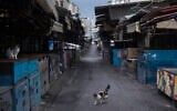 In this March 28, 2020, photo, a cat walks in a closed food market during lockdown following government measures to help stop the spread of the coronavirus in Tel Aviv, Israel. (AP Photo/Oded Balilty)