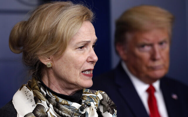 Then-US president Donald Trump (R) listens as Dr. Deborah Birx, then-White House coronavirus response coordinator, speaks about the coronavirus, in the James Brady Press Briefing Room of the White House on April 22, 2020, in Washington. (AP/ Alex Brandon) Then-US president Donald Trump (R) listens as Dr. Deborah Birx, then-White House coronavirus response coordinator, speaks about the coronavirus, in the James Brady Press Briefing Room of the White House on April 22, 2020, in Washington. (AP/ Alex Brandon)