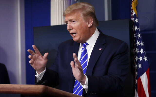US President Donald Trump speaks about the coronavirus in the James Brady Press Briefing Room of the White House on April 23, 2020, in Washington. (AP/Alex Brandon) US President Donald Trump speaks about the coronavirus in the James Brady Press Briefing Room of the White House on April 23, 2020, in Washington. (AP/Alex Brandon)