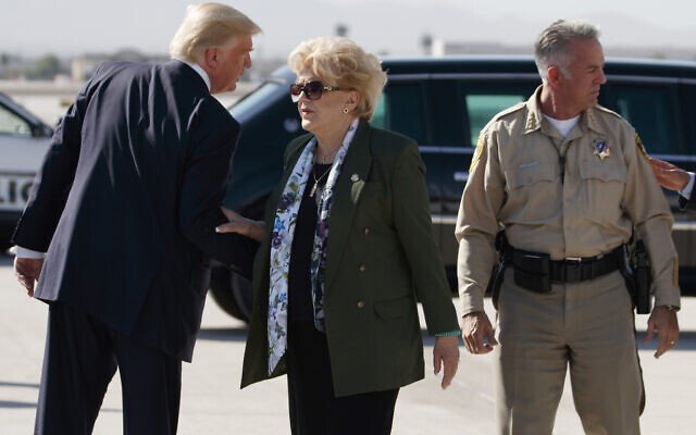US President Donald Trump talks with Las Vegas Mayor Carolyn Goodman and Clark County Sheriff Joseph Lombardo after arriving at Las Vegas McCarran International Airport to meet with victims and first responders of the mass shooting, Wednesday, Oct. 4, 2017, in Las Vegas. (AP Photo/Evan Vucci) US President Donald Trump talks with Las Vegas Mayor Carolyn Goodman and Clark County Sheriff Joseph Lombardo after arriving at Las Vegas McCarran International Airport to meet with victims and first responders of the mass shooting, Wednesday, Oct. 4, 2017, in Las Vegas. (AP Photo/Evan Vucci)