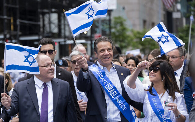 New York Governor Andrew Cuomo, center, joins other participants as they take part in the Celebrate Israel Parade, June 2, 2019, in New York. (AP Photo/Craig Ruttle) New York Governor Andrew Cuomo, center, joins other participants as they take part in the Celebrate Israel Parade, June 2, 2019, in New York. (AP Photo/Craig Ruttle)