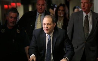 Harvey Weinstein arrives at a Manhattan courthouse for jury deliberations in his rape trial, February 24, 2020, in New York.  (AP Photo/Seth Wenig)