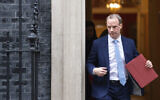 Britain's Foreign Secretary Dominic Raab leaves a meeting in Downing Street, London, April 6, 2020.  (Dominic Lipinski/PA via AP)
