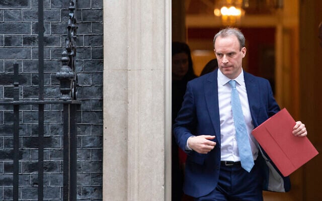 Britain's Foreign Secretary Dominic Raab leaves a meeting in Downing Street, London, April 6, 2020. (Dominic Lipinski/PA via AP) Britain's Foreign Secretary Dominic Raab leaves a meeting in Downing Street, London, April 6, 2020. (Dominic Lipinski/PA via AP)