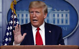 US President Donald Trump speaks about the coronavirus in the James Brady Press Briefing Room of the White House, April 8, 2020, in Washington. (AP Photo/Alex Brandon)