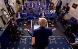 President Donald Trump speaks about the coronavirus in the James Brady Press Briefing Room of the White House, Thursday, April 9, 2020, in Washington. (AP/Andrew Harnik)