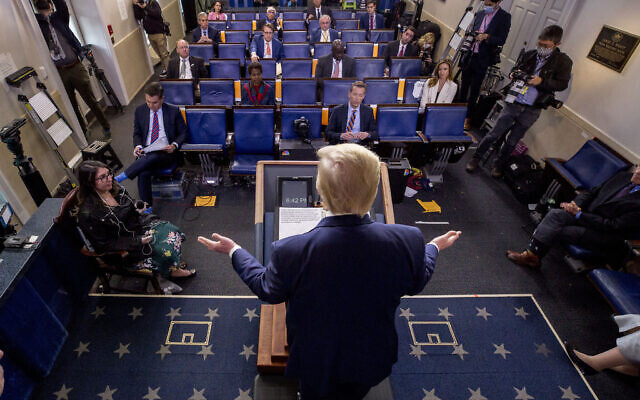 President Donald Trump speaks about the coronavirus in the James Brady Press Briefing Room of the White House, Thursday, April 9, 2020, in Washington. (AP/Andrew Harnik) President Donald Trump speaks about the coronavirus in the James Brady Press Briefing Room of the White House, Thursday, April 9, 2020, in Washington. (AP/Andrew Harnik)