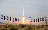 In this photo released on April 22, 2020, by Sepahnews, an Iranian rocket carrying a satellite is launched from an undisclosed site believed to be in Iran's Semnan province. (Sepahnews via AP)