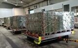 Screen capture from video of eggs on pallets ahead of their airlift to Israel, April 6, 2020. (Twitter)