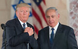 US President Donald Trump and Prime Minister Benjamin Netanyahu shake hands after giving final remarks at the Israel Museum in Jerusalem before Trump departure, on May 23, 2017. (Yonatan Sindel/Flash90/File)
