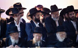 Rabbi Chaim Kanievsky (front R) and Rabbi Gershon Edelstein (Front C) attend a rally of the UTJ party to support the candidacy of Moshe Lion ahead of the Jerusalem municipal elections, on October 25, 2018. (Aharon Krohn/Flash90)