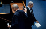 Prime Minister Benjamin Netanyahu and Blue and White party leader Benny Gantz in the Knesset, November 10, 2019. (Yonatan Sindel/Flash90)