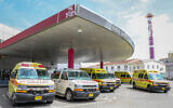 Ambulances outside the Rambam Hospital in Haifa, on March 30, 2020. (Yossi Aloni/Flash90)