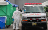 A Magen David Adom ambulance  service testing site in Bnei Brak on April 1, 2020. (Yossi Zamir/Flash90)