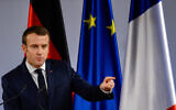 French President Emmanuel Macron speaks in Aachen, Germany, Jan. 22, 2019. (Sascha Schuermann/Getty Images via JTA)