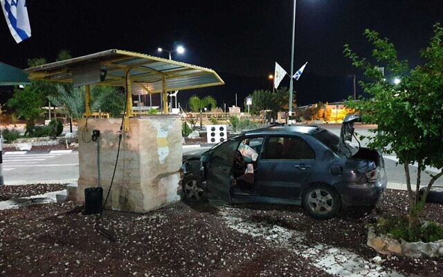 The scene after a Palestinian man drove his car into the Reihan checkpoint in the northern West Bank in a suspected attack, April 29, 2020 (Defense Ministry) The scene after a Palestinian man drove his car into the Reihan checkpoint in the northern West Bank in a suspected attack, April 29, 2020 (Defense Ministry)