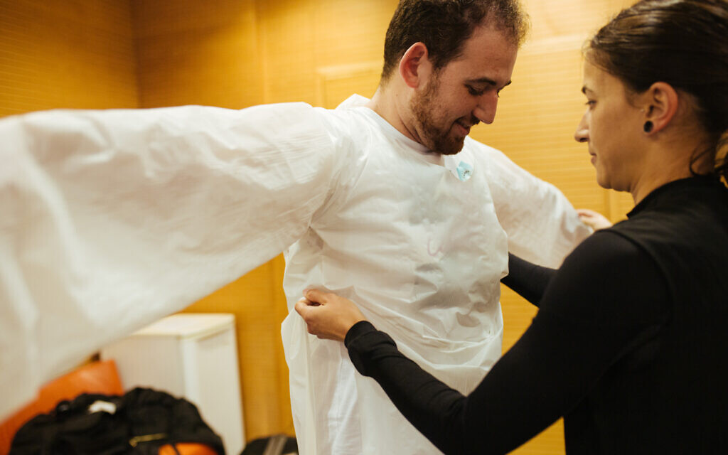 The Skinly team tests their garment prototype, January 8-9, 2020. (Courtesy)