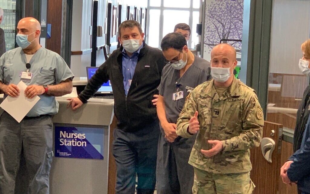 US Congressman Max Rose, in military fatigues, deployed with the National Guard to build convert an unused psychiatric facility into the nation’s first state-run, COVID-19-only emergency hospital, April 2020. (Courtesy of Rose) US Congressman Max Rose, in military fatigues, deployed with the National Guard to build convert an unused psychiatric facility into the nation’s first state-run, COVID-19-only emergency hospital, April 2020. (Courtesy of Rose)