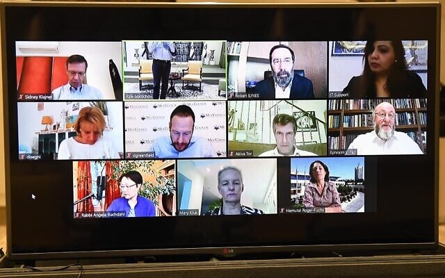 Screen capture from a video-conference call between President Reuven Rivlin and Jewish community leaders from around the world, April 5, 2020. (Mark Neyman/GPO) Screen capture from a video-conference call between President Reuven Rivlin and Jewish community leaders from around the world, April 5, 2020. (Mark Neyman/GPO)