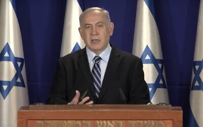 Prime Minister Benjamin Netanyahu gives a televised statement from his official residence in Jerusalem on coronavirus-related restrictions to be implemented over the Passover holiday, April 6, 2020. (Screen capture: YouTube)