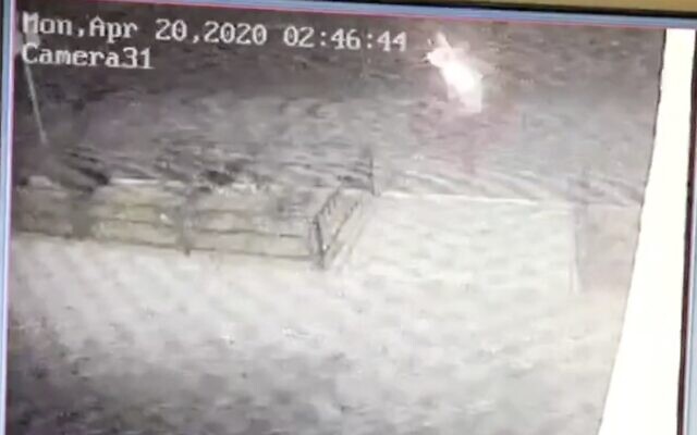 Security camera footage of a firebomb attack on a Jewish community center in the southern Ukrainian city of Kherson, April 20, 2020. (Screen capture: Anash.org)