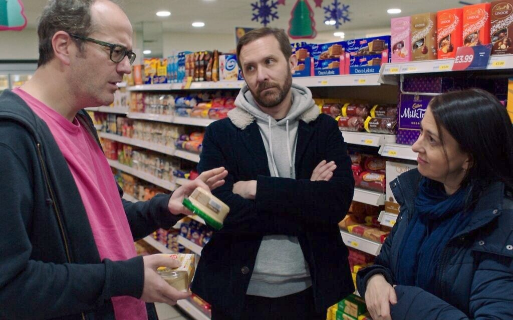 From left, Josh Howie as Simon, Tim Downie as Paul, and Rachel Gaffin as Ruth in 'The Jewish Enquirer.' (Courtesy Amazon)