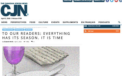 The Canadian Jewish News posted a farewell statement on its website on April 3. (Screenshot via JTA)