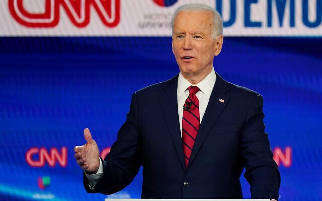 Former vice president Joe Biden speaks during a Democratic presidential primary debate at CNN Studios in Washington, DC, March 15, 2020. (AP/Evan Vucci) Former vice president Joe Biden speaks during a Democratic presidential primary debate at CNN Studios in Washington, DC, March 15, 2020. (AP/Evan Vucci)