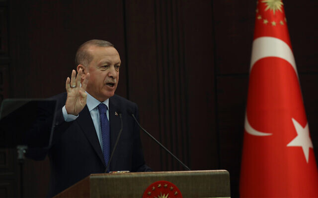 Turkey's President Recep Tayyip Erdogan speaks in Ankara, Turkey, March 18, 2020. (AP/Burhan Ozbilici) Turkey's President Recep Tayyip Erdogan speaks in Ankara, Turkey, March 18, 2020. (AP/Burhan Ozbilici)