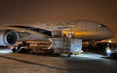 In this photo sent out by the Defense Ministry on April 5, 2020, an El Al plane in China is loaded with medical equipment to bring to Israel. (El Al)