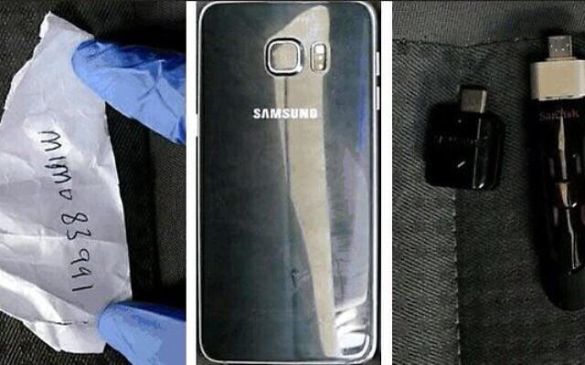 An encrypted cellphone, USB device and piece of paper with a code on it that were found in the possession of an Israeli citizen suspected of spying on Israel for Iran, who was arrested on March 16, 2020. (Shin Bet) An encrypted cellphone, USB device and piece of paper with a code on it that were found in the possession of an Israeli citizen suspected of spying on Israel for Iran, who was arrested on March 16, 2020. (Shin Bet)
