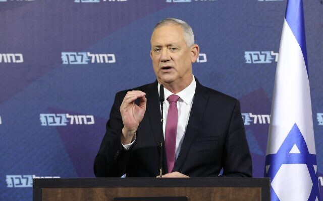 Blue and White chief Benny Gantz in his first public address after signing a deal to form a unity government with Prime Minister Benjamin Netanyahu, April 21, 2020. (Elad Malka/Blue and White) Blue and White chief Benny Gantz in his first public address after signing a deal to form a unity government with Prime Minister Benjamin Netanyahu, April 21, 2020. (Elad Malka/Blue and White)