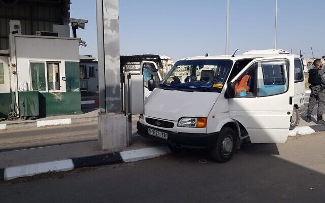 The scene of a combined car ramming-stabbing attack at a checkpoint near the Maale Adumim settlement in the West Bank on April 22, 2020. (Israel Police) The scene of a combined car ramming-stabbing attack at a checkpoint near the Maale Adumim settlement in the West Bank on April 22, 2020. (Israel Police)