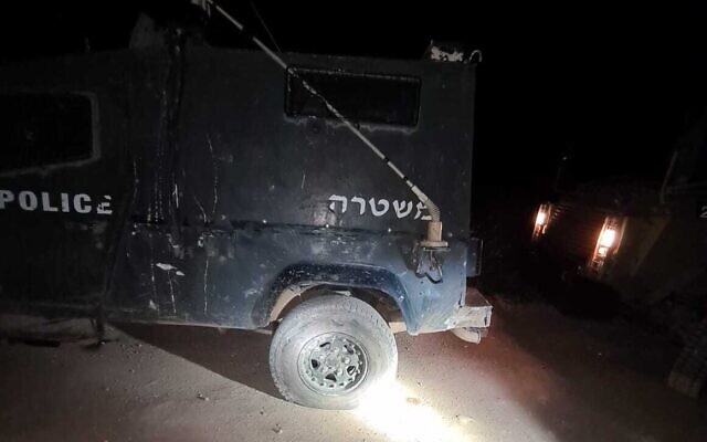 A picture released by police shows a tire allegedly punctured by far-right activists during clashes near the Kumi Ori outpost in the northern West Bank, April 23, 2020. (Border Police) A picture released by police shows a tire allegedly punctured by far-right activists during clashes near the Kumi Ori outpost in the northern West Bank, April 23, 2020. (Border Police)