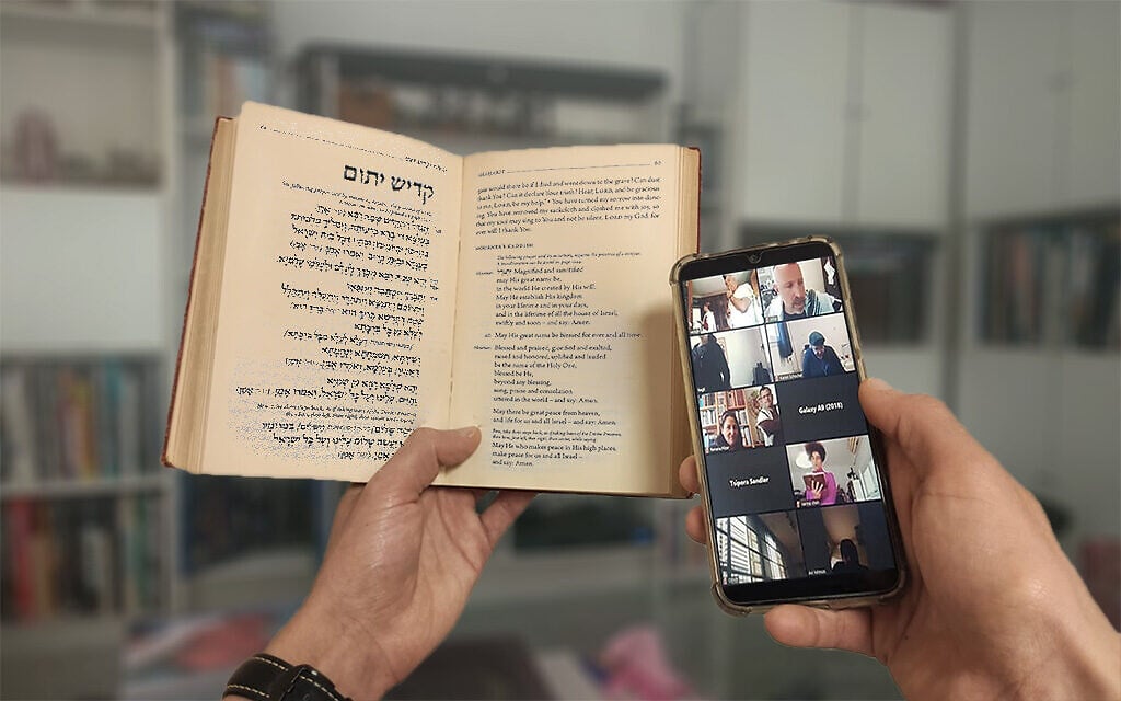 Zooming in to reciting Kaddish, the mourners' prayer, at home. (Photo montage, Gil Be'eri)